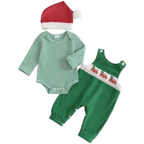 Baby Boy Christmas Outfit Newborn My First Christmas Polo Romper Overalls Pants Hats 3Pcs Boy 3 6 9 12 18M Outfits
