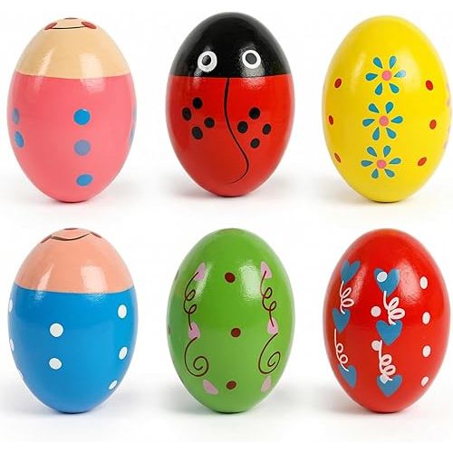 SallyFashion 6PCS Egg Shakers Musical Instruments for Babies, Wooden Maracas for Kids Hand Percussion Musical Eggs Easter Basket Stuffers Party Favors