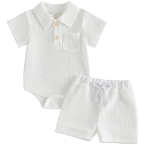 Newborn Baby Boy Summer Outfit Solid Color Waffle Knit Short Sleeve Collared Romper Shorts Set 0 3 6 9 12 18 Months