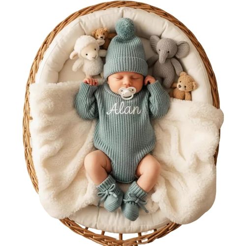 Personalized Embroidered Baby Romper Set Cotton Newborn Coming Home Outfit Knit Sweater Gender Neutral Gift