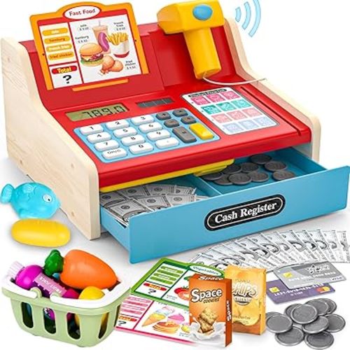 2025 Wooden Toy Cash Register for Kids,Rechargeable Counting Wood Cash Register Toys, Kids Cash Register with Scanner Realistic for Boy Girl Age 2-4 4-8, Pretend Toy Role-Playing Birthday Ideals Gift