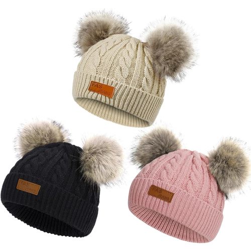 Century Star 6-36 Months Toddler Beanie - Baby Girl Winter Hats Warm Knit Baby Beanie Infant Pom Pom Cap 03Pcs Khaki & Black & Dark Pink