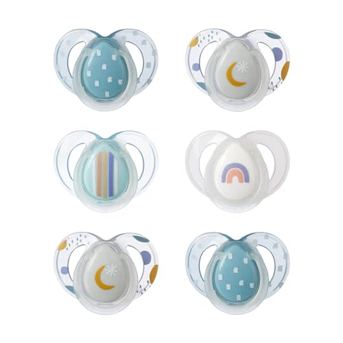 Tommee Tippee Night Time Pacifier, 6-18 Months, Symmetrical Silicone Baglet, BPA-Free Binkies, Glow in The Dark Technology, Blue Rainbow, Pack of 6