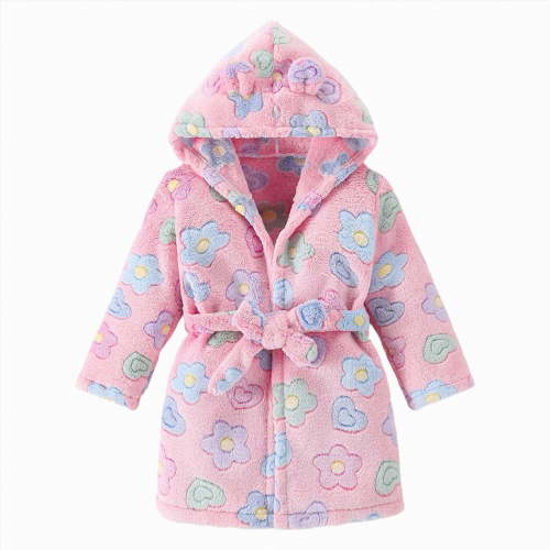 NIEWTR Kid's Baby Girl's Boys Flannel Robe Button Hooded Bathrobe Cartoon Print Toddler Cardigan Sleepwear for Fall Winter Soft Comfy Homewear(B-Sky Blue,3-4 Years )