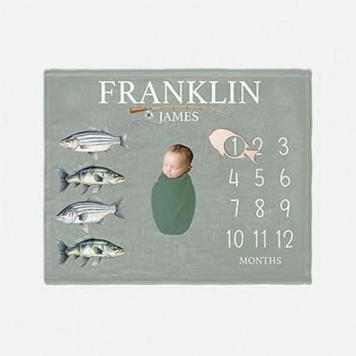 Freshwater Fish Baby Milestone Blanket, Baby Milestone Blankets, Monthly Baby Blanket, Fishing Baby Blankets, Fish Nursery, Newborn, Soft Flannel Photography Background Prop Blanket, Personalized Gift