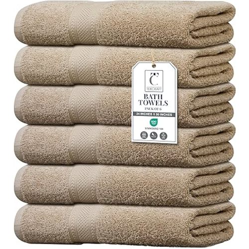 Large Bath Towels Set of 6 – 100% Cotton Terry – 24" x 50" – Quick Dry, Soft & Highly Absorbent – Beige Towels for Bathroom, Gym, Spa, Pool & Daily Use