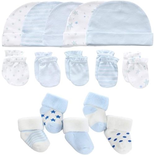 MAMIMAKA Newborn Baby Boy Girl Caps Mittens Socks Set Cotton Baby Essentials Accessories (Hats+Gloves+Socks)