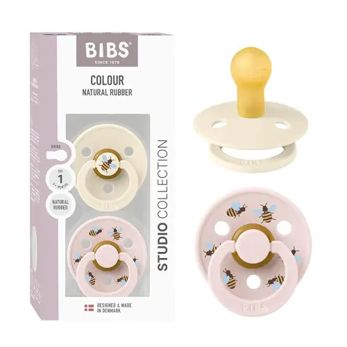 BIBS Colour Studio Soother 2-Pack, BPA Free Dummy Pacifier, Round Nipple. Natural Rubber Latex, Made in Denmark, Size 1 (0-6 Months), Ivory/Petal