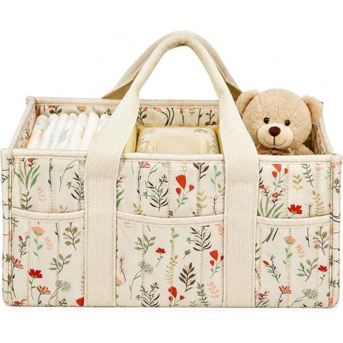 Floral Diaper Caddy Organizer with Removable Dividers, Portable Baby Basket