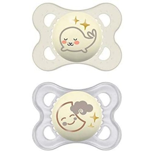 MAM Night Pacifiers (2 Pacifiers & Sterilizing Box), MAM Pacifiers 0-6 Months, Best Pacifier for Breastfed Babies, Unisex, Glow in the Dark Pacifier