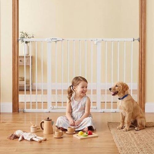 Mumeasy 36" Extra Tall Baby Gate for Doorways, 29.7"-57" Extra Wide Dog Gate for Stairs, Pressure Mounted Auto Close Pet Safety Gate with Easy Walk Thru Door, Large Indoor Child Gate for House, White