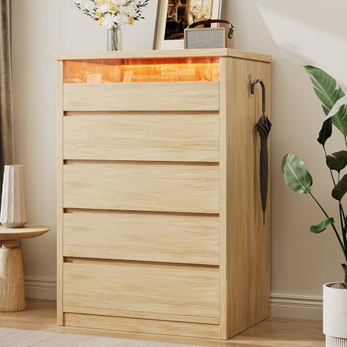Jocoevol Oak 5 Drawer Dresser for Bedroom with LED Light & Deep Drawers | Modern Tall Chest of Drawers, Wood Storage Dresser with Hidden Handles for Living Room, Entryway, Hallway