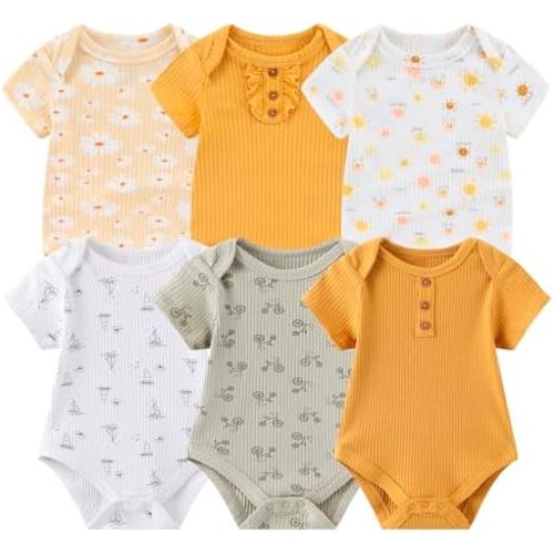 MAMIMAKA Newborn Baby Boy Girl Short Sleeve Bodysuits Cotton One-Piece Baby Clothes 6-Pack