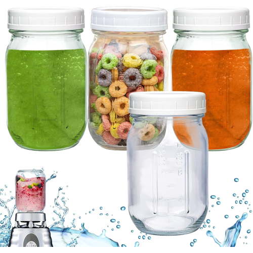 12 oz Glass Jars with Lid, Fits Most Oster Blenders for Blending Smothies and Storing Pickles, Honey, Spice, Candy, Jam, Overnight oats, Meal Prep Containers (4)