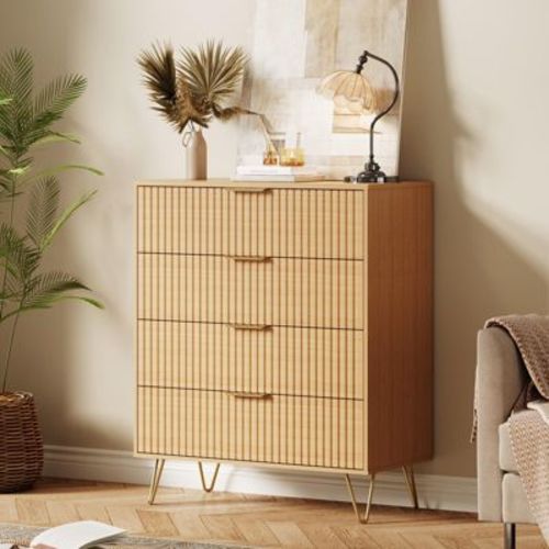 30" Modern Fluted 4-Drawer Narrow Dresser - Slim Vertical Storage Cabinet with Wave Pattern - Natural Oak