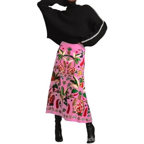 THLAI Womens Skirt Midi Skirt Tropical Plant Print Pink Zipper A-Line Long Skirts Spring Summer Skirt Floral