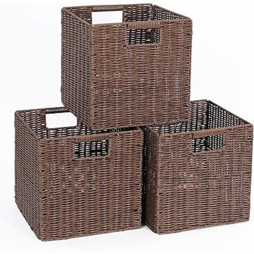 Brown Wicker Cube Storage Basket, 10.5x10.5 Foldable Woven Cube Storage Basket for Shelves, Set of 3 Square Bins for Shelf