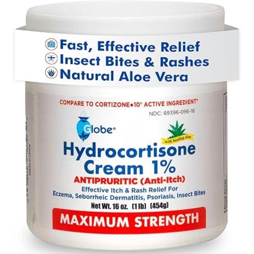 Globe Hydrocortisone Cream 1% with Aloe, Maximum Strength, 16 oz Jar