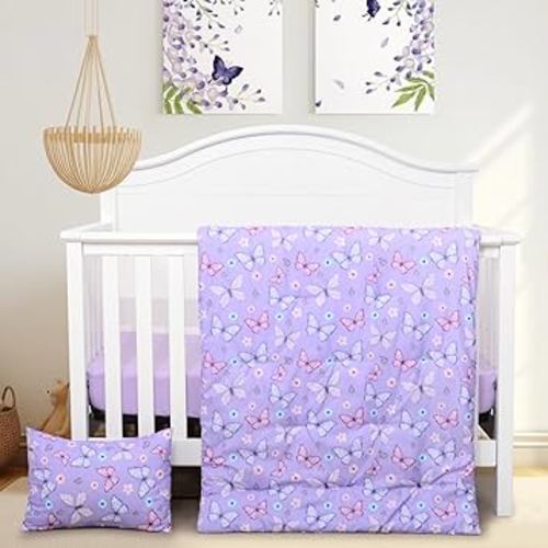 JISEN 3 Piece Crib Bedding Set Soft Baby Crib Bedding Set Butterfly Crib Comforter Set - Comforter Sheet Pillowcase Nursery Bedding Sets for Baby Girls or Boys Purple