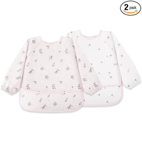 Long Sleeve Bibs for Babies 2 Pack, Baby Eating Smock Waterproof Baby Bibs for Babies & Toddlers, 6-36 Months Newborn Baby Essentials - Pink Flower