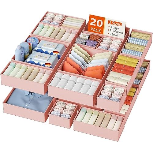 DIMJ Drawer Organizer Clothes, 20 Pack Dresser Organizer, Foldable Closet Organizers and Storage, Fabric Dresser Bins, Drawer Dividers for Nursery, Baby Clothes, Underwears, Sock (Pink)