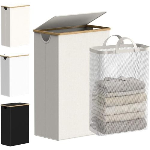 efluky Slim Laundry Basket with Lid, Narrow Laundry Hamper with Removable Bag, Skinny Dirty Clothes Basket with Bamboo Handles for Bathroom, Bedroom & Laundry Room, 75L Beige