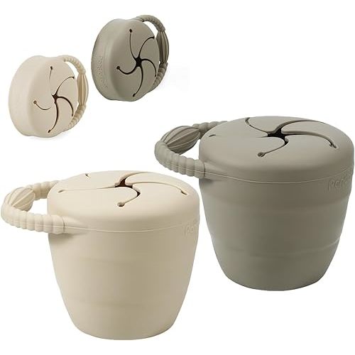 PandaEar Silicone Snack Containers, Collapsible Toddler Snack Cups Spill Proof Food Catcher for Toddler Baby, Pack of 2 (Light Tan/Walnut)