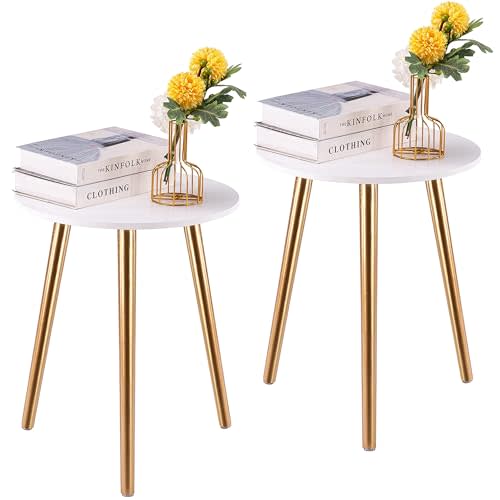 Apicizon Round Side Table Set of 2, White End Tables with Wood Legs | Modern side tables with sturdy wood legs, perfect as nightstands or end tables for bedroom and living room.