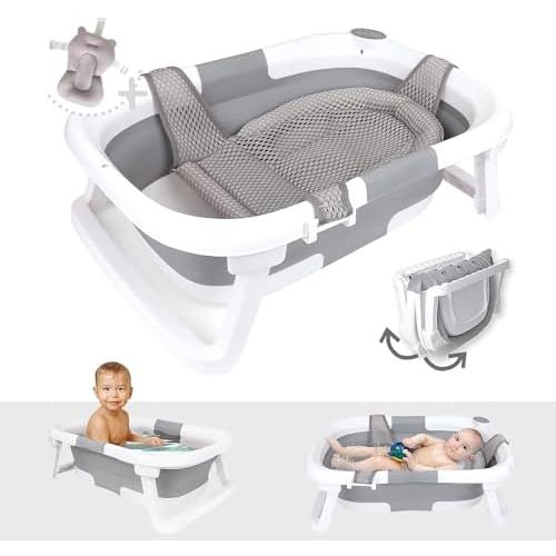 BEBELEH™ Collapsible Baby Bathtub – Bathtub + Baby tub Sling + Newborn Sling – Baby Bathtub Newborn to Toddler 0-24 Months – The Ultimate Travel Baby Bath Tub and Everyday Use! (Gray)