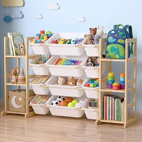 Toy Storage Organizer with Bookshelf for Kids, Large Wooden Shelf with 12 Storage Bins & 6 Shelves, Toy Box Organization for Kids Rooms, Playroom, Nursery and Living Room