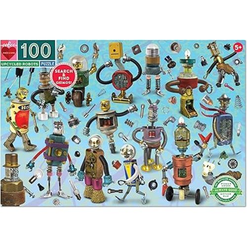 eeBoo: Upcycled Robots 100 Piece Puzzle, Perfect Project for Little Hands, Aids in Development of Pattern, Shape, and Color Recognition, Offers Children a Challenge, Perfect for Ages 5 and up