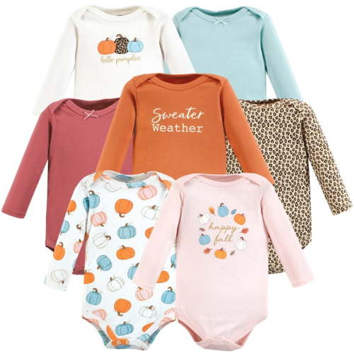 Hudson Baby Girl Long-Sleeve Cotton Bodysuits, Happy Fall 7-Pack, 3-6 Months