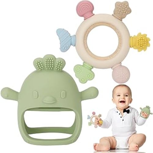 Socub 2 Pack Baby Teething Toys for Babies 0-6 Months, Silicone Teething Mitten and Wooden Ring Toy for Babies 6-12 Months, No Drop Teether Mitten and Ring Teether for Teething Relief(Olive)
