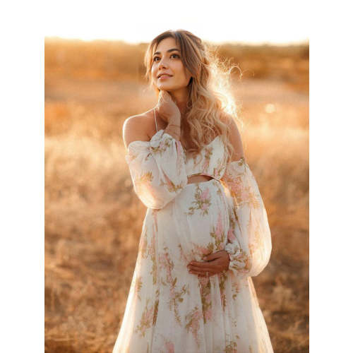 Momyknows White Floral Cut Out Off Shoulder Backless Cami Big Swing Elegant Vacation Maternity Hobo Photoshoot Baby Shower Maxi Dress