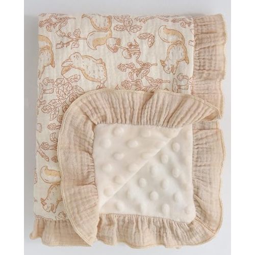 Ruffle Baby Blanket – Muslin Cotton Front with Dotted Fleece Backing, Soft Breathable Lightweight Minky Receiving Blankets for Baby Boy & Girl Newborn Toddler, 33"x43" (Forest, 33''x43'')