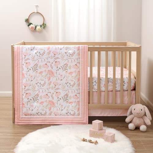The Peanutshell Whimsical Floral 3 Piece Baby Crib Bedding Set for Girls, Pink Botanical Nursery Decor, Reversible Comforter, Crib Accessories Girl, Newborn, Infant & Toddler Girl Bedding Set