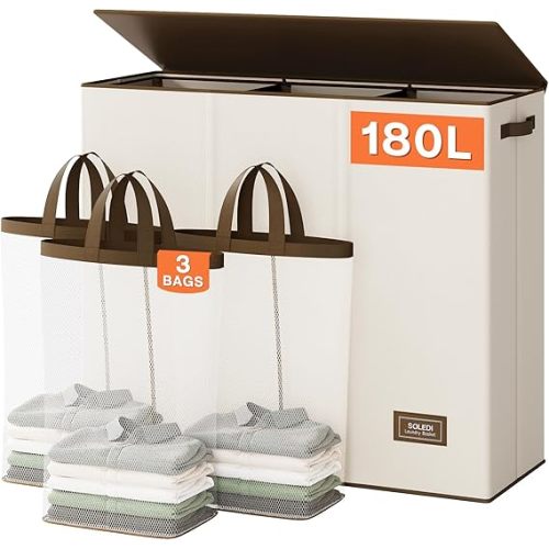 SOLEDI 180L Laundry Hamper 3 Section, Extra Large Laundry Hamper with Lid, Dirty Clothes Hamper with Sturdy Handle, Large Laundry Basket Organizer for Laundry Room, Bedroom, Hampers for Laundry