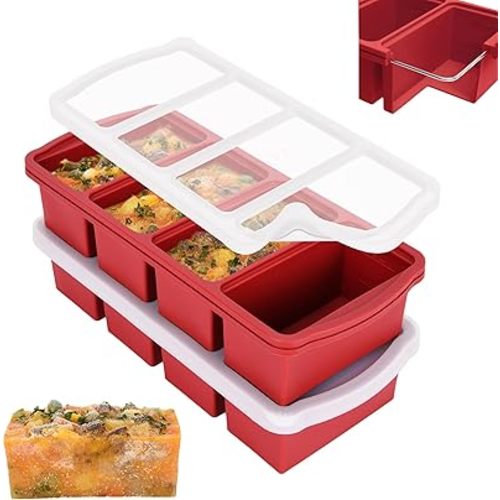 ZIP STANDING Silicone Freezer Trays with Lid,1-cup Soup Freezer Container large Ice Cube Molds with Reinforced Steel Ring Top for freezing Soup Sauce Broth Leftovers oven Dishwasher -Safe(2-Pack)