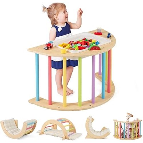 Costzon Wooden Arch Sensory Table for Kids, 6-in-1 Toddler Indoor Montessori Climbing Toys with Cushion, Foldable Storage Bin, Arch Climber Ladder Learning Playset for Kids Gift Presents