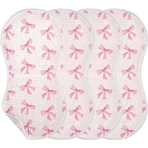 Burbuja Pink Bow Muslin Baby Burp Cloths, Soft & Absorbent Cotton Burping Rags for Newborn Boys & Girls, 4 Pack