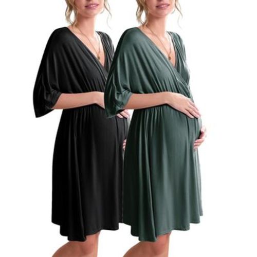 Ekouaer 3 in 1 Labor/Delivery/Hospital Gown Maternity Dress Nursing Nightgown Sleepwear for Breastfeeding Black/Dark Green L
