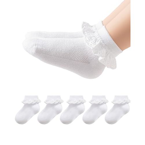Funjoon Girls Toddler Little Girls White Ruffle Socks Dress Lace Frilly | Lace Embroidery Flower Ruffle, 2-8Y Girls White Frilly Dress Socks, Uniforms and Formal Dresses, Soft Comfortable Cotton
