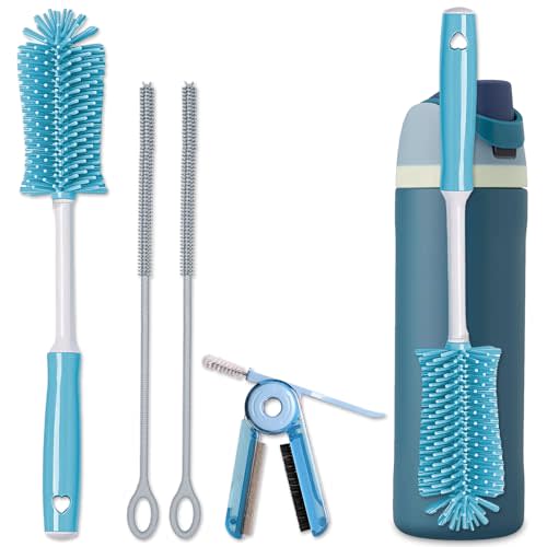 Silicone Cleaning Brush Kit - Water Bottle Brush with Long Handle Heavy Duty Straw Cleaner Brush, 4 in 1 Multipurpose Cup Cleaner Kit for Thermos, Sport Bottles, Coffee Mugs
