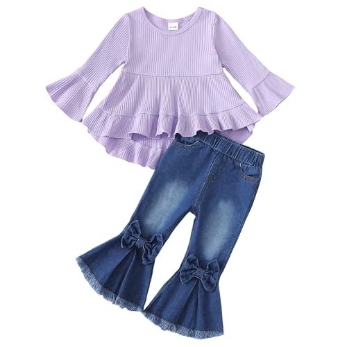 Kucnuzki Toddler Baby Girls Clothes Long Sleeve Shirt Top Flare Denim Jeans Cute Outfit Baby Girl Fall Winter Clothes