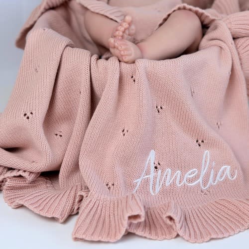 Personalized Baby Girl Blanket with Name, Pink Knit Baby Shower Gift, Newborn Keepsake