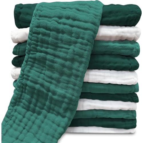 Muslin Burp Cloths for Baby 100% Cotton Burping Cloths for Unisex, Boy, Girl - Large 20'' by 10'' Newborn Essentials Ultra Soft Absorbent Milk Spit Up Rags - 12 Pack - White+Deep Emerald Series