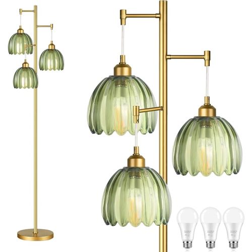 Gold Floor Lamp for Living Room,Bedroom,Mid Century Modern Standing Lamp Brass Tree 3 Light Tall Floor Lamps Vintage Retro Floor Lights Glass Green Flower Lamp Shade Farmhouse Boho Bohemian
