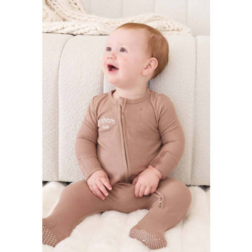 Embroidered Bamboo Waffle Zipper Footie | Cocoa