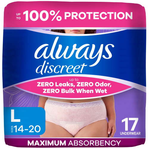 Always Discreet, Reimagined Adult Diapers for Women, Maximum Incontinence and Postpartum Underwear L, 17 Count - Walmart.ca