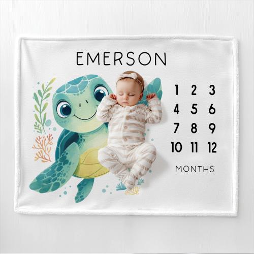 Personalized Turtle Blanket Gift Ocean Turtle Baby Month Blanket Baby Shower Gift Sea Turtle Milestone Sea Nursery Theme Turtle Milestone
